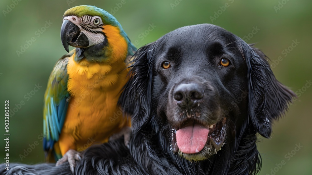 Poster High-detail image of a parrot perched on a dog's back in a garden ensuring significant empty space around the edges Stock Photo with copy space