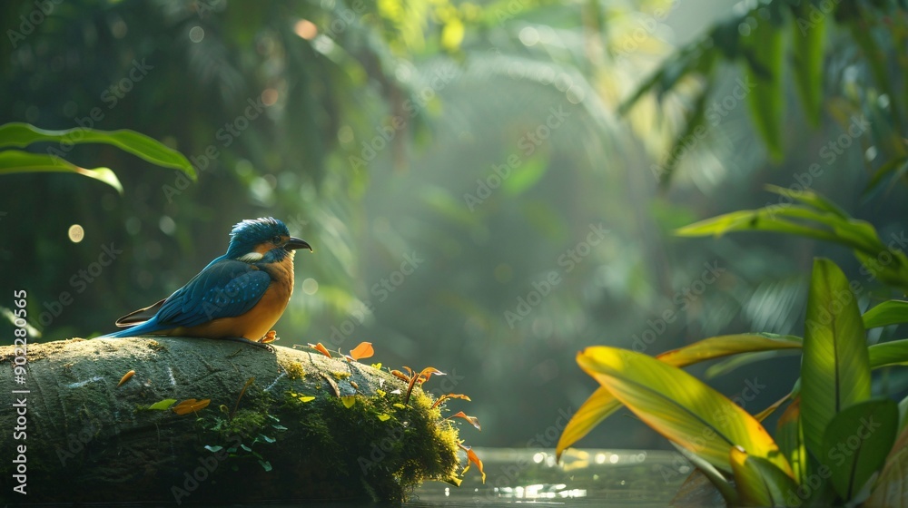 Poster high-detail image of a parrot perched on a dog's back in a garden ensuring significant empty space a