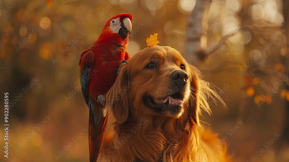 Poster high-detail image of a parrot perched on a dog's back in a garden ensuring significant empty space a
