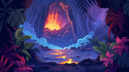 The Ground cracks with liquid fire with flower isolation, Game background, Illustration