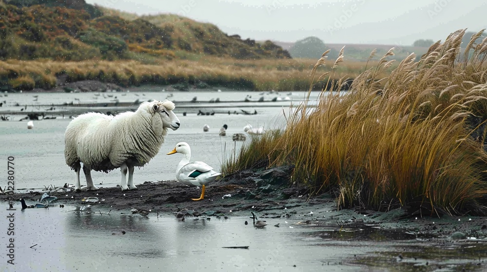 Poster Unlikely friendship between a sheep and a duck sharing a meal in a meadow leaving ample empty space on the left side of the image Stock Photo with copy space
