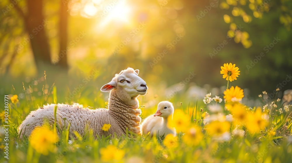 Poster Unlikely friendship between a sheep and a duck sharing a meal in a meadow leaving ample empty space on the left side of the image Stock Photo with copy space
