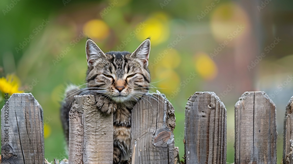 Poster cat and bird sitting peacefully together on a fence ensuring the subjects are centered with signific