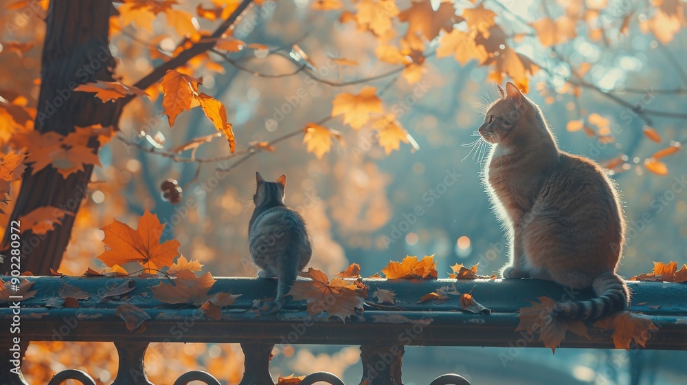 Poster cat and bird sitting peacefully together on a fence ensuring the subjects are centered with signific
