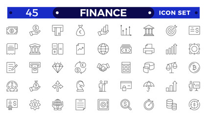 Finance icon set. Containing loan, cash, savings, financial goals, profit, budgets, mutual funds, earning money, and revenue icons. Outline icon collection.