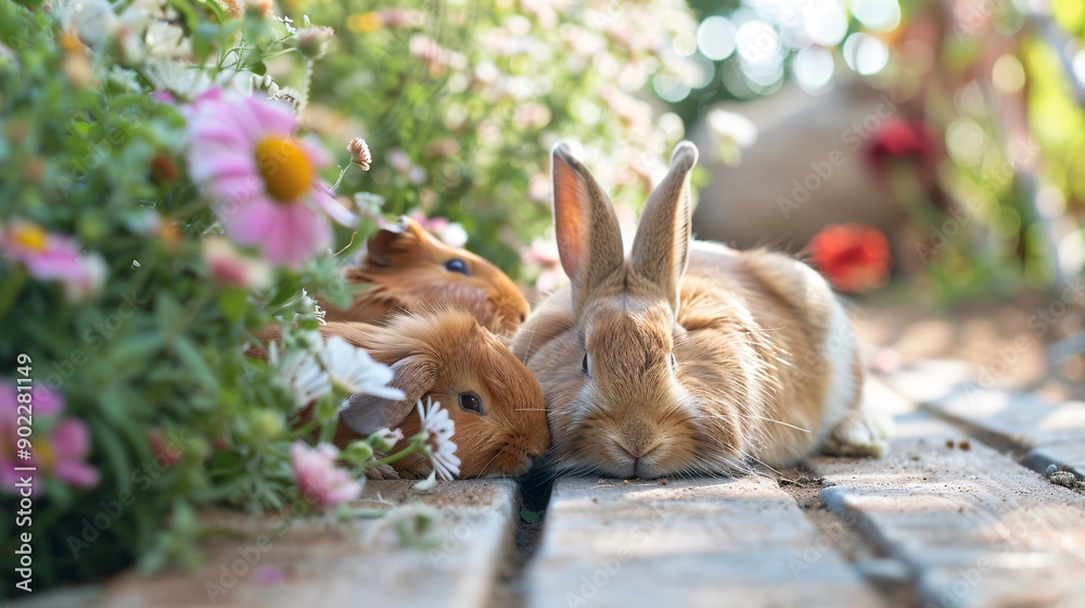 Poster High-resolution shot of a rabbit resting beside a guinea pig in a garden with significant empty space on the right side of the image Stock Photo with copy space