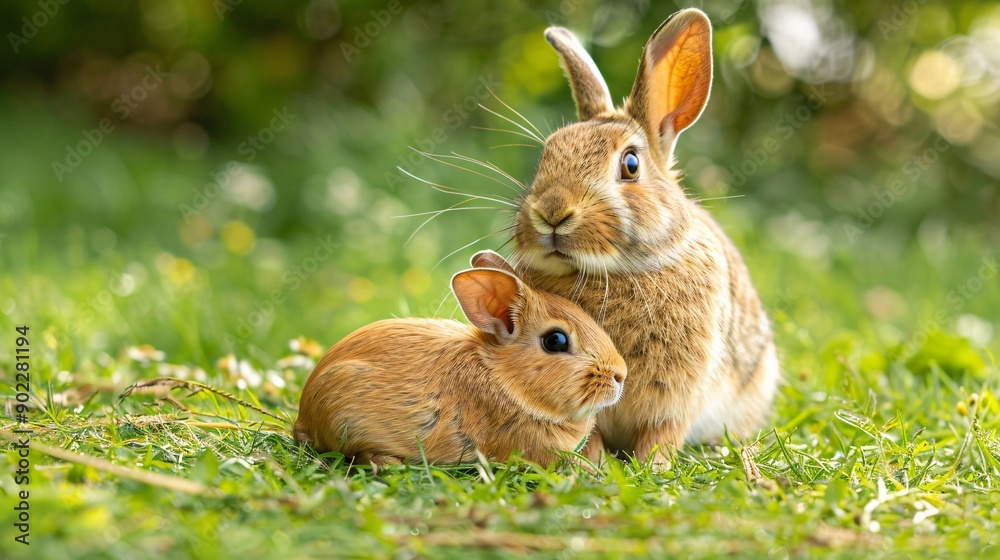 Poster High-resolution shot of a rabbit resting beside a guinea pig in a garden with significant empty space on the right side of the image Stock Photo with copy space