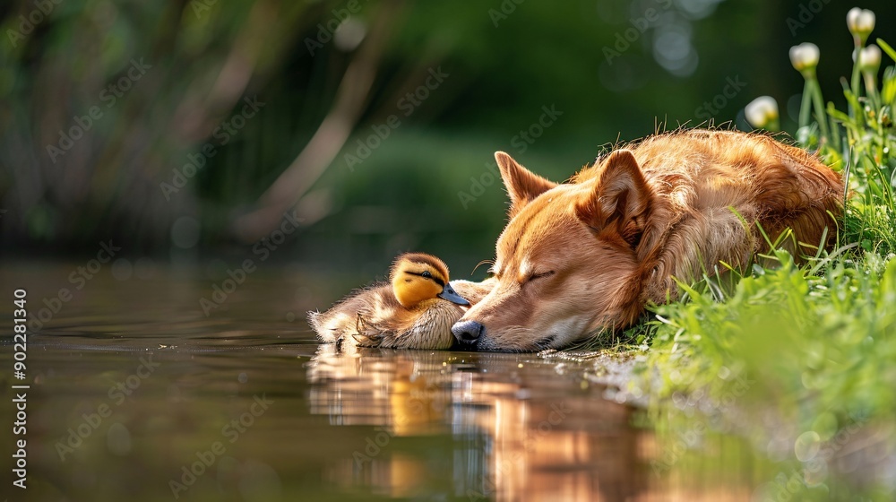 Poster Detailed image of a dog and a duck napping together by a pond leaving ample empty space on the left side of the image Stock Photo with copy space