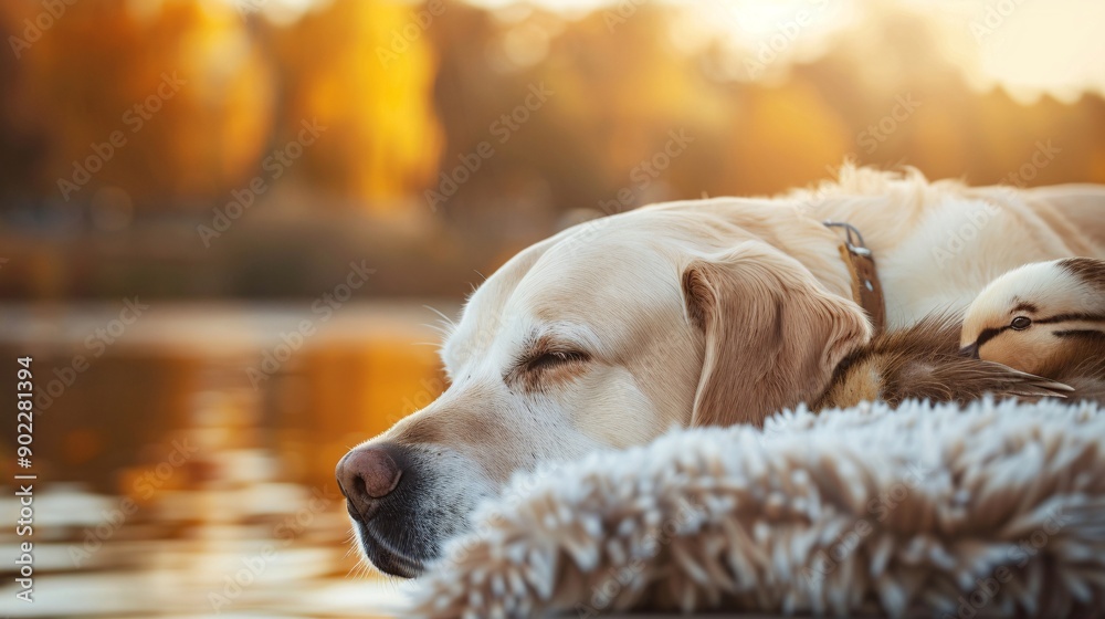 Poster Detailed image of a dog and a duck napping together by a pond leaving ample empty space on the left side of the image Stock Photo with copy space
