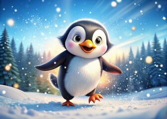 Adorable cartoon penguin waddles through snow-covered landscape, its bright eyes shining with joy, flippers swaying, and tuxedo-like feathers glistening in winter wonderland scene.