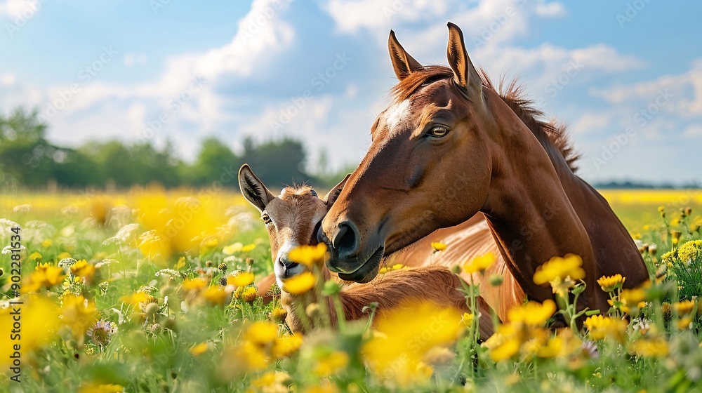 Poster High-detail capture of a horse and a goat resting together in a field with significant empty space on the right side of the image Stock Photo with copy space