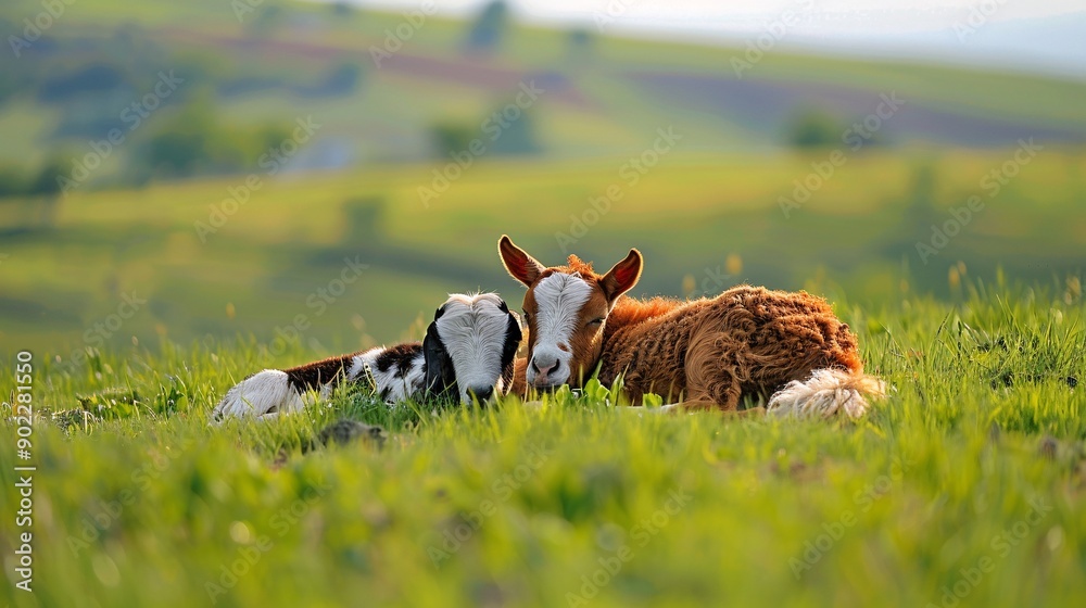 Aufkleber High-detail capture of a horse and a goat resting together in a field with significant empty space on the right side of the image Stock Photo with copy space