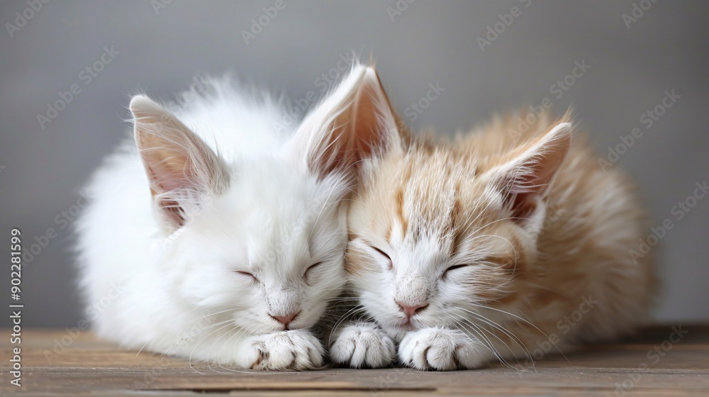 Poster Unlikely bond between a cat and a rabbit sharing a cozy corner of the room leaving ample empty space on the left side of the image Stock Photo with copy space