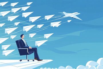 Obraz premium Exploring New Horizons A Man Contemplating Life on Top of the World Surrounded by Paper Airplanes