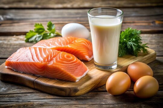 Fresh salmon fillet, eggs, and fortified milk are arranged on a rustic wooden table, highlighting nutrient-rich foods essential for strong bone health and optimal vitamin D intake.