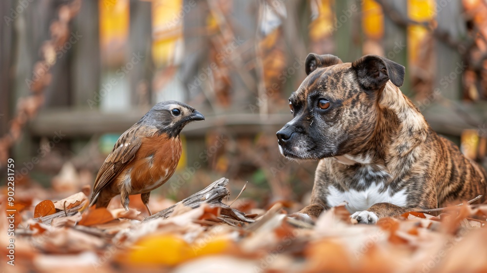 Poster detailed shot of a dog and a bird playing together in the backyard ensuring the subjects are centere