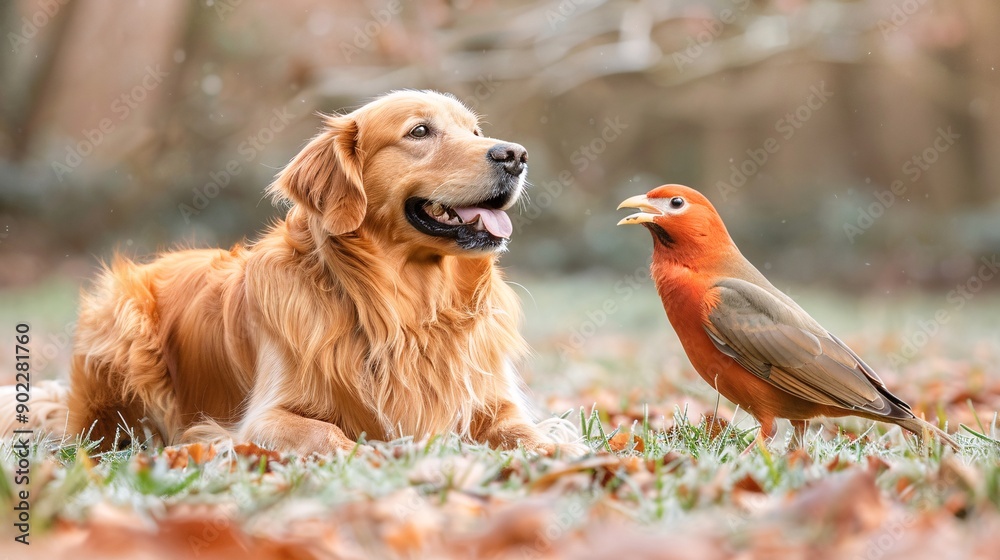 Aufkleber Detailed shot of a dog and a bird playing together in the backyard ensuring the subjects are centered with significant empty space around the edges Stock Photo with copy space