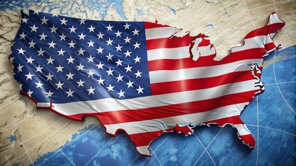 Vibrant stars and stripes American flag unfurls across a beautifully illustrated map of the United States, symbolizing patriotism and national pride.
