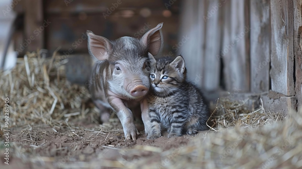 Aufkleber Close-up of a piglet and a kitten nuzzling each other in a barn with significant empty space on the right side of the image Stock Photo with copy space