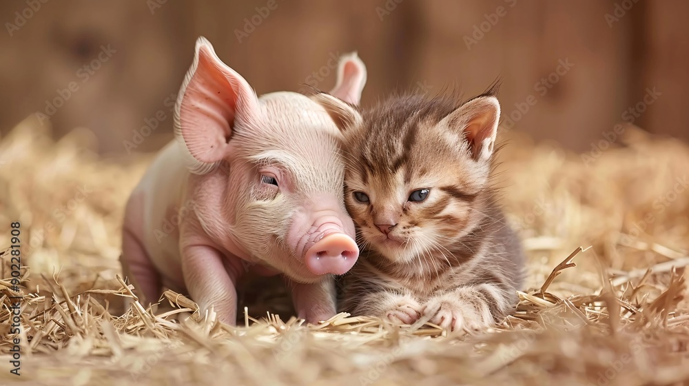 Aufkleber Close-up of a piglet and a kitten nuzzling each other in a barn with significant empty space on the right side of the image Stock Photo with copy space