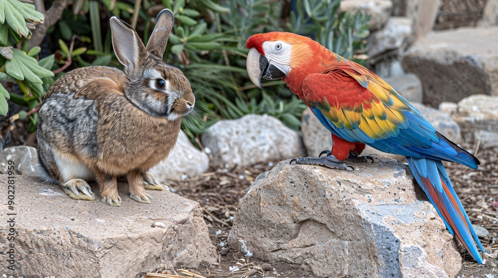 Aufkleber High-resolution shot of a parrot and a rabbit sharing a perch in a garden leaving ample empty space on the left side of the image Stock Photo with copy space