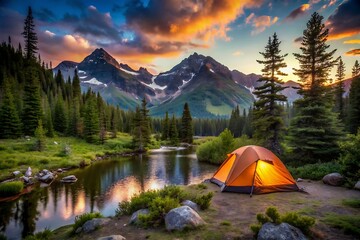 Campsite at Sunset in the Mountains.