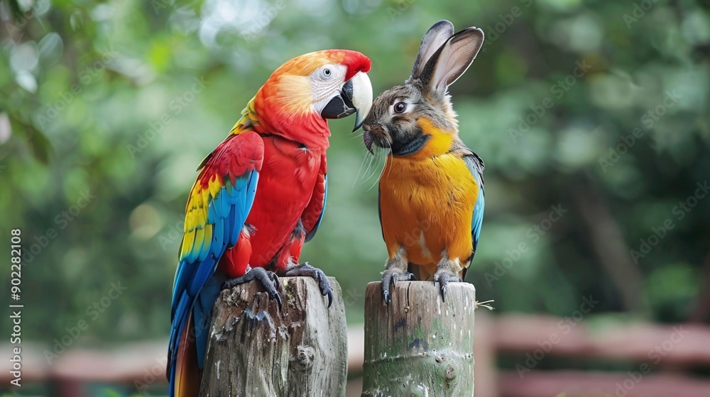 Poster High-resolution shot of a parrot and a rabbit sharing a perch in a garden leaving ample empty space on the left side of the image Stock Photo with copy space