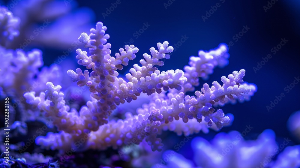 Poster close-up of bleached coral reefs underwater with vibrant marine life contrasting against the pale co