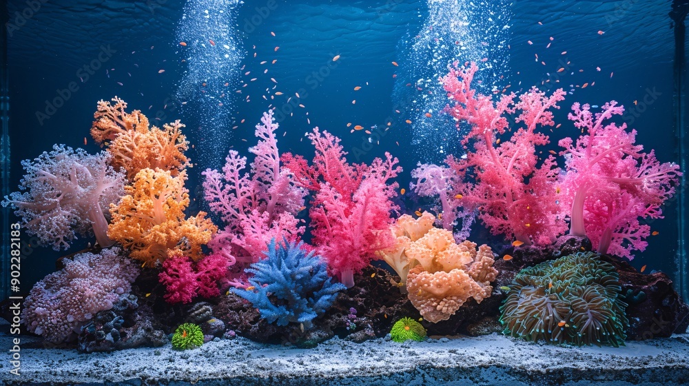 Poster close-up of bleached coral reefs underwater with vibrant marine life contrasting against the pale co