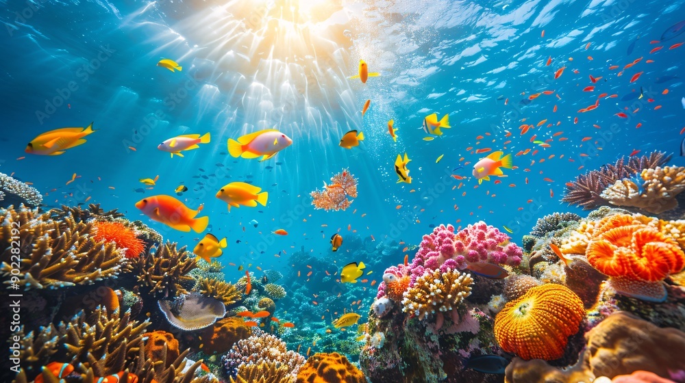 Poster close-up of bleached coral reefs underwater with vibrant marine life contrasting against the pale co