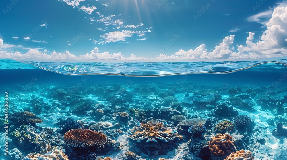 Aufkleber Extensive view of a coral reef suffering from bleaching with the ocean floor visible and significant empty space on the left side of the image Stock Photo with copy space