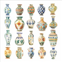 Watercolor painting of a collection of small Mediterranean vases arranged in a symmetrical, on isolated white background, Generative AI