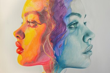 Fototapeta premium Woman blending into colorful artwork representing duality of personality