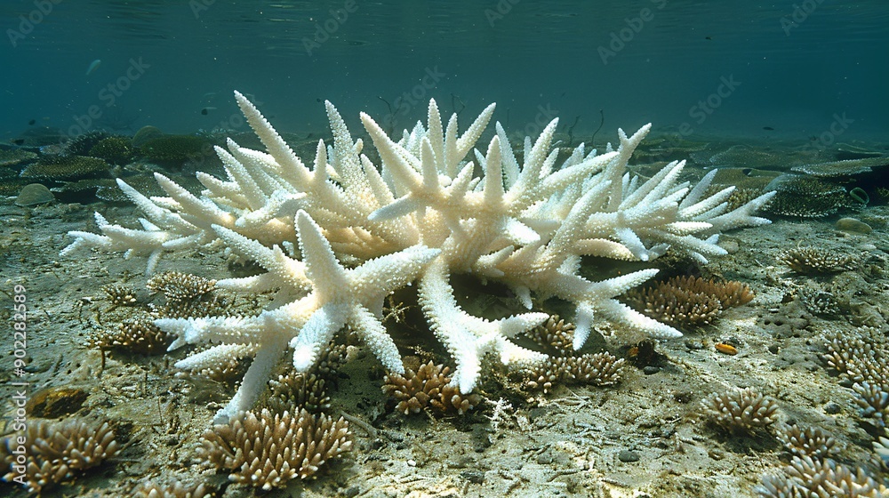 Poster Underwater image of a coral reef showing the stark difference between healthy and bleached corals with significant empty space on the right side of the image Stock Photo with copy space