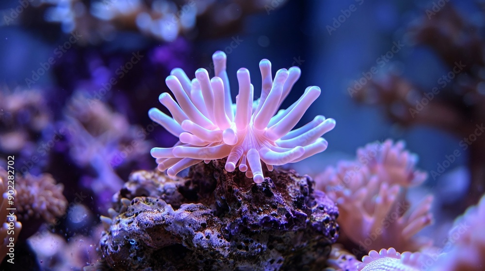 Aufkleber Coral polyps visibly distressed and turning white in response to rising water temperatures ensuring ample empty space on the left side of the image for design purposes Stock Photo with copy space