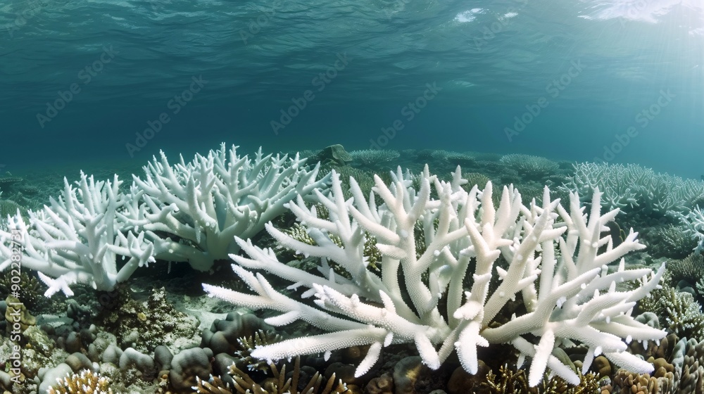 Aufkleber High-detail capture of the effects of global boiling on coral reefs with a focused shot of bleached coral and ample empty space around the edges Stock Photo with copy space