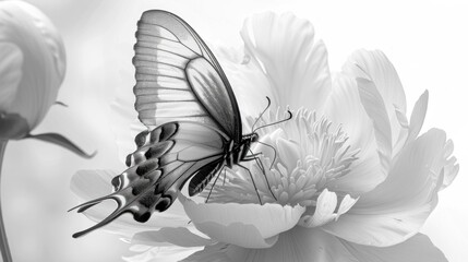 Fototapeta premium Butterfly resting on elegant white peony flower in a serene garden setting with vintage aesthetic photograph