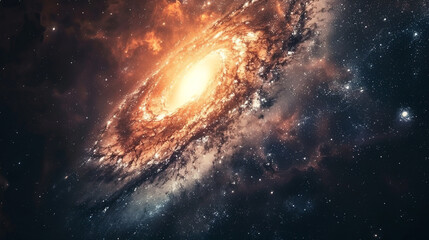 A view from space to spiral galaxy and stars. Universal illustration background