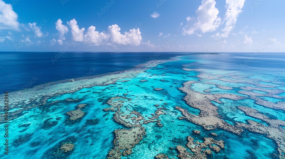 Poster wide-angle shot of a vast area of coral reef affected by bleaching with the stark white corals contr