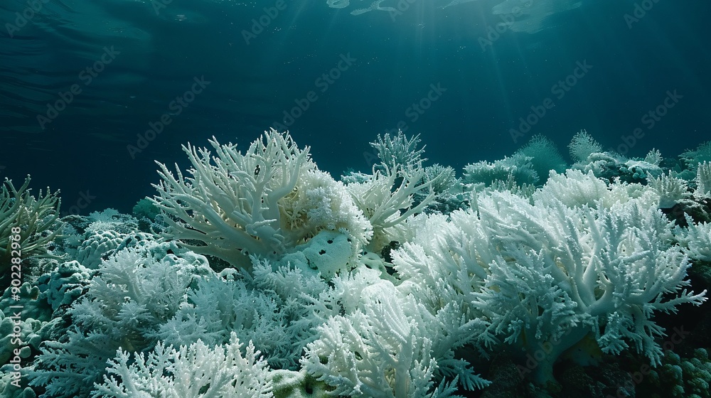 Poster wide-angle shot of a vast area of coral reef affected by bleaching with the stark white corals contr