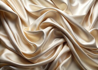 Fototapeta premium Softly draped beige cream satin silk fabric forms a luxurious, elegant background perfect for showcasing high-end fashion, beauty, cosmetic, skincare, and treatment products.