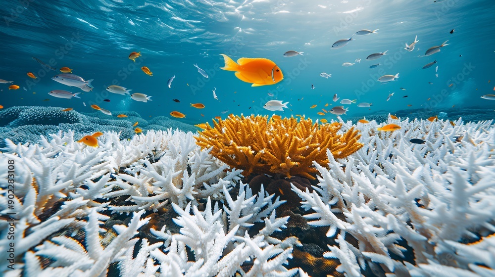 Aufkleber Close-up of a single piece of coral showing signs of bleaching with vibrant fish swimming around and ample empty space on the left side of the image Stock Photo with copy space