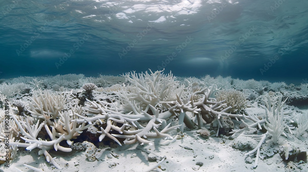 Poster Underwater scene highlighting the devastating impact of coral bleaching on marine ecosystems with the bleached coral centered and ample empty space around the edges Stock Photo with copy space