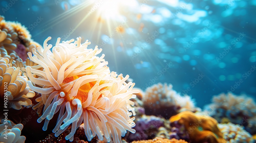 Poster Underwater scene highlighting the devastating impact of coral bleaching on marine ecosystems with the bleached coral centered and ample empty space around the edges Stock Photo with copy space