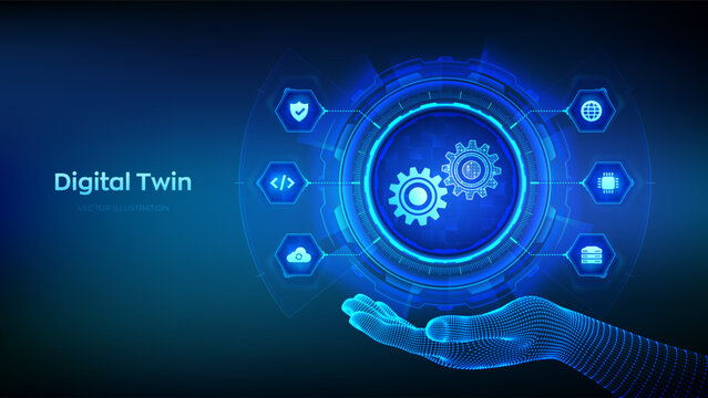 Digital twin business and industrial process modelling technology concept on virtual screen. Innovation and optimisation. Digital twin icon in wireframe hand. Vector illustration.