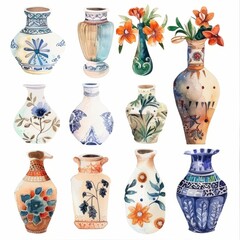 Watercolor painting of a set of Mediterranean vases, each showcasing a different season, on isolated white background, Generative AI