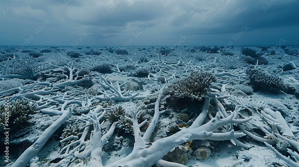 Aufkleber Bleached coral reef with visible fish and marine life suffering from global boiling ensuring ample empty space on the left side of the image Stock Photo with copy space