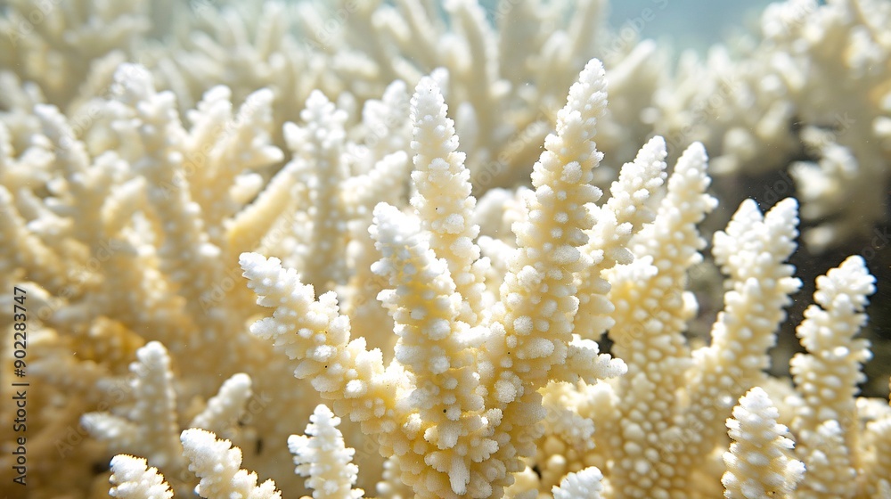 Poster Close-up of coral bleaching with the intricate details of the coral structure highlighted and significant empty space on the right side of the image Stock Photo with copy space