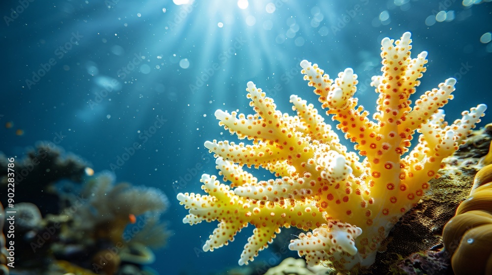 Poster Close-up of coral bleaching with the intricate details of the coral structure highlighted and significant empty space on the right side of the image Stock Photo with copy space