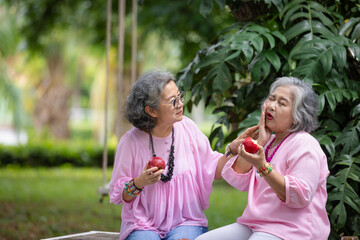 Fototapeta premium Elderly Woman Experiencing a Toothache While Sharing Red Apples with a Friend Outdoors, Surrounded by Greenery, and Engaging in a Supportive Conversation